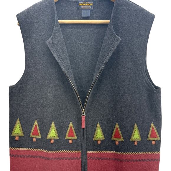 Woolrich Vintage Holiday Dark Grey Christmas Tree Zip Front Vest Women XL - Picture 5 of 6